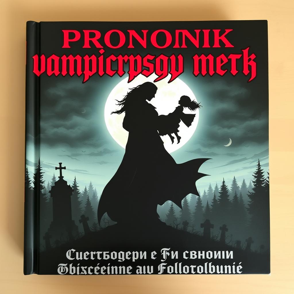 A book cover titled 'Хроники вампирской мести' in Russian, featuring a gothic-style font with sharp angles reminiscent of ancient texts in a striking red and black color scheme