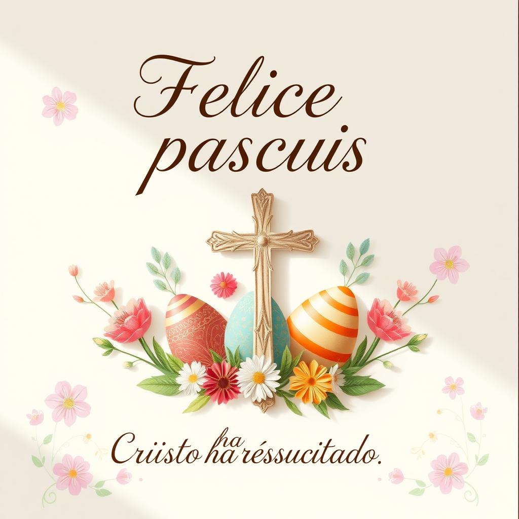 A beautifully decorated Easter card featuring the text 'Felices pascuas' elegantly at the top, and 'Cristo ha resucitado' at the bottom