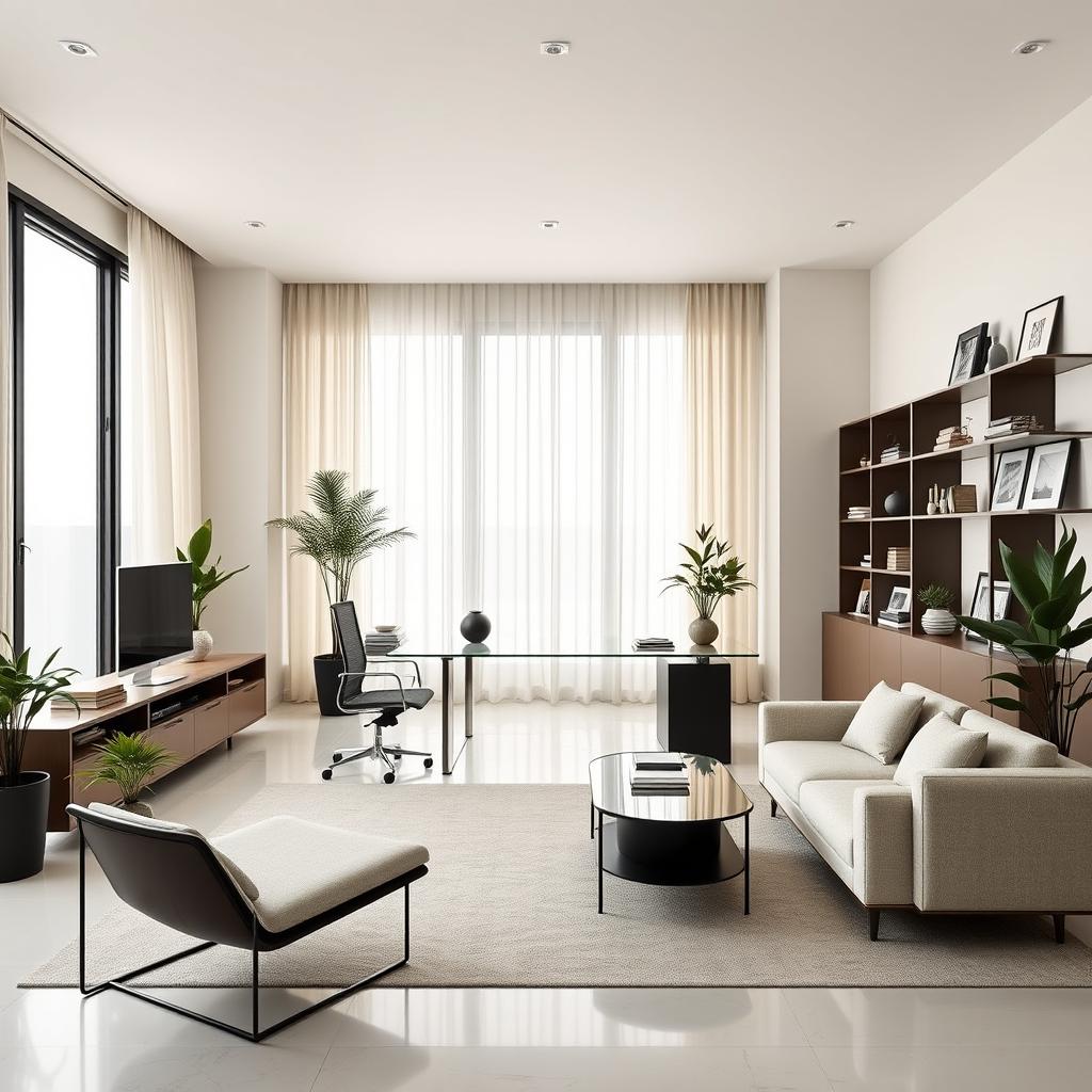 A sophisticated Italian minimalist office room designed for a director featuring a spacious layout, sleek modern furniture, and a calming color palette