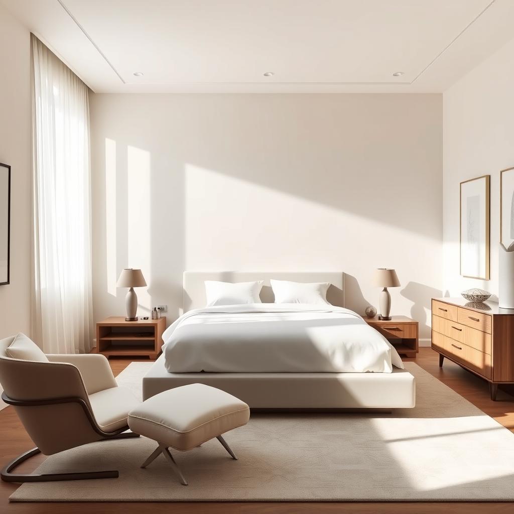 An elegantly designed Italian minimalist bedroom featuring a harmonious blend of simplicity and luxury