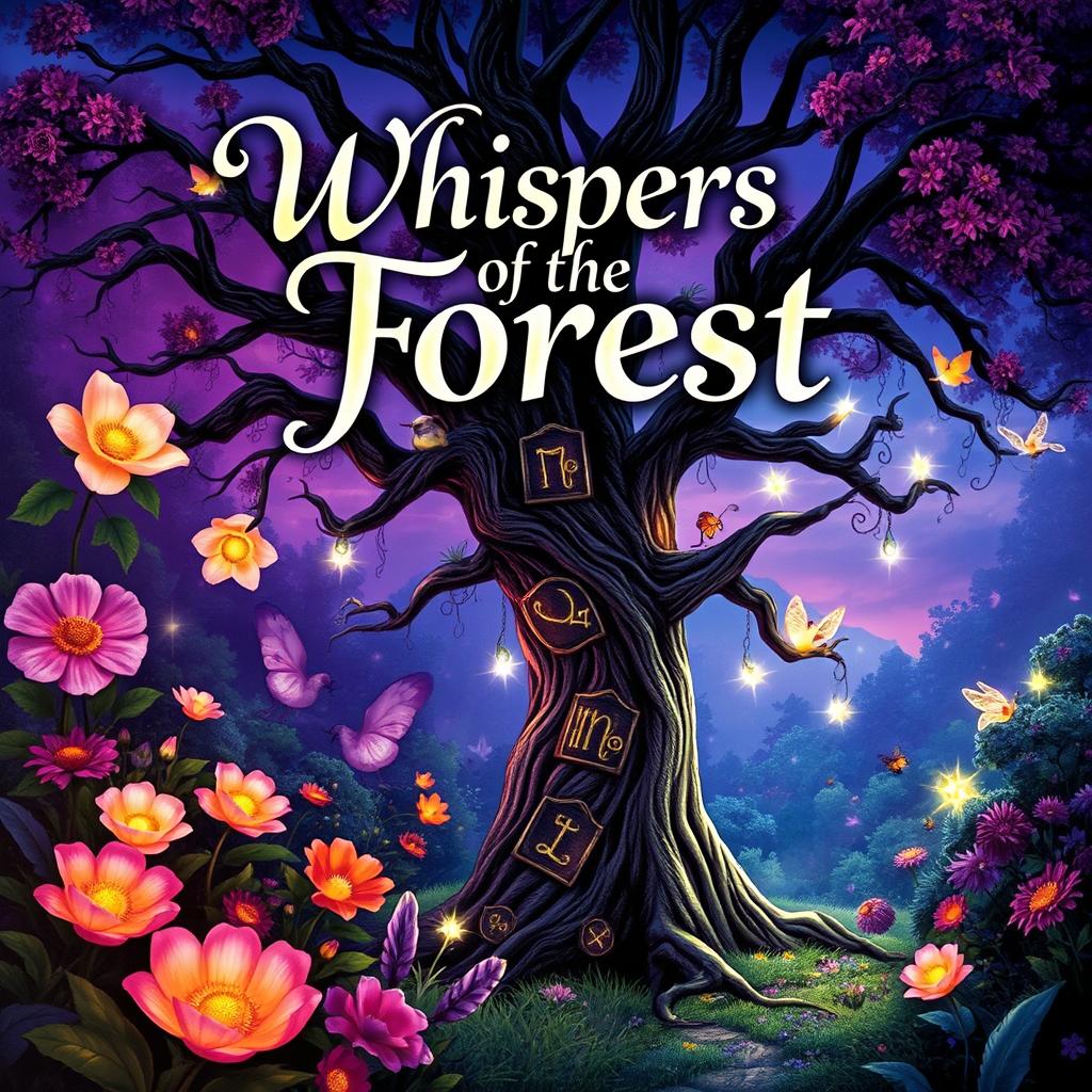 A captivating book cover featuring an enchanted forest at twilight, filled with vibrant, oversized flowers and magical creatures peeking through the foliage
