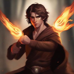 A high-quality digital art piece featuring a young male druid from the Circle of Wildfire