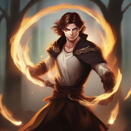 A high-quality digital art piece featuring a young male druid from the Circle of Wildfire