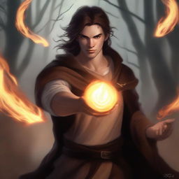 A high-quality digital art piece featuring a young male druid from the Circle of Wildfire