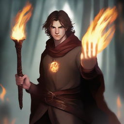 A high-quality digital art piece featuring a young male druid from the Circle of Wildfire