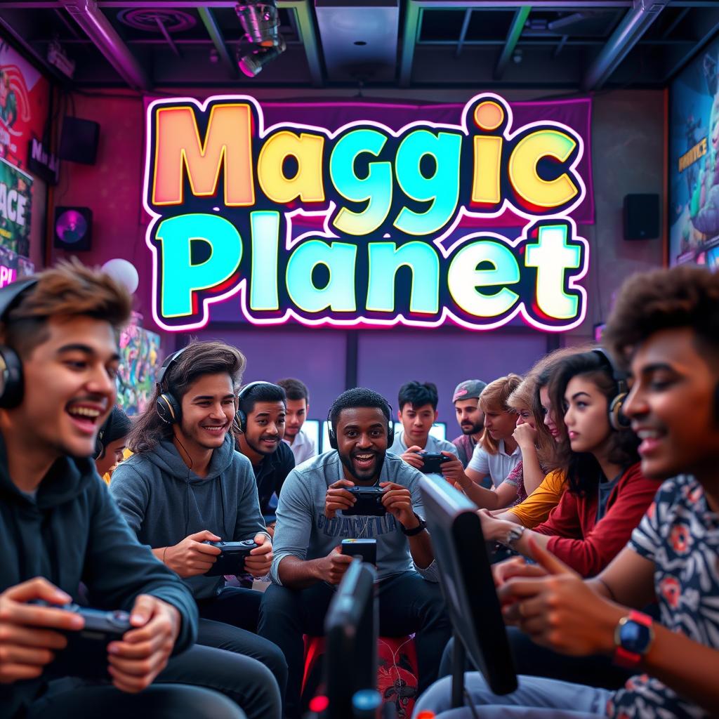 A dynamic rectangular image featuring a diverse group of people actively playing battle royale games