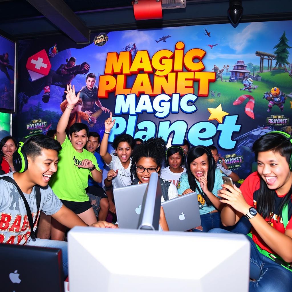 A vibrant, dynamic scene depicting several people enthusiastically playing battle royale games, showing a diverse group of gamers with various outfits and accessories, immersed in the gameplay