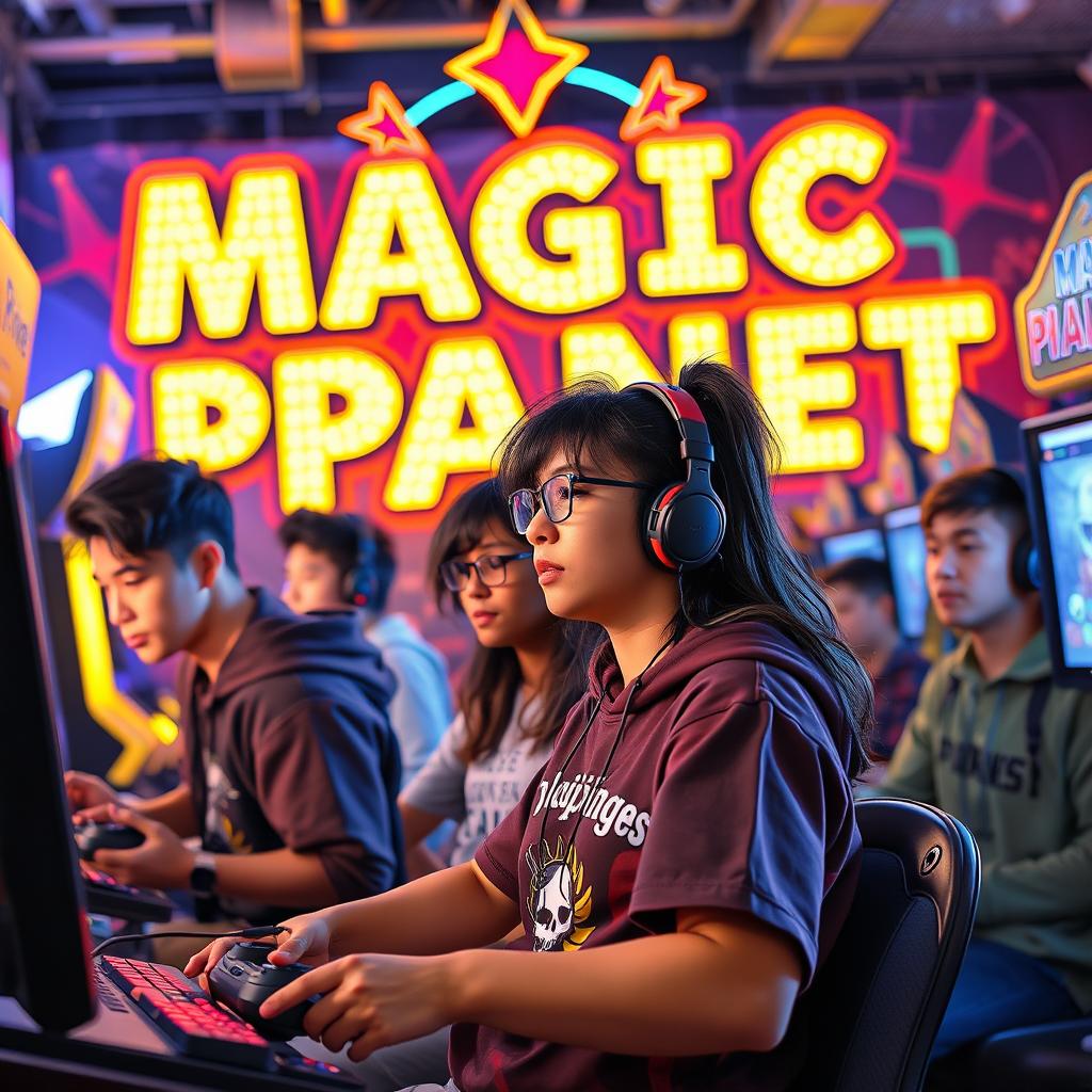 A rectangular image depicting a group of people playing battle royale video games, engaged and focused on their gaming devices