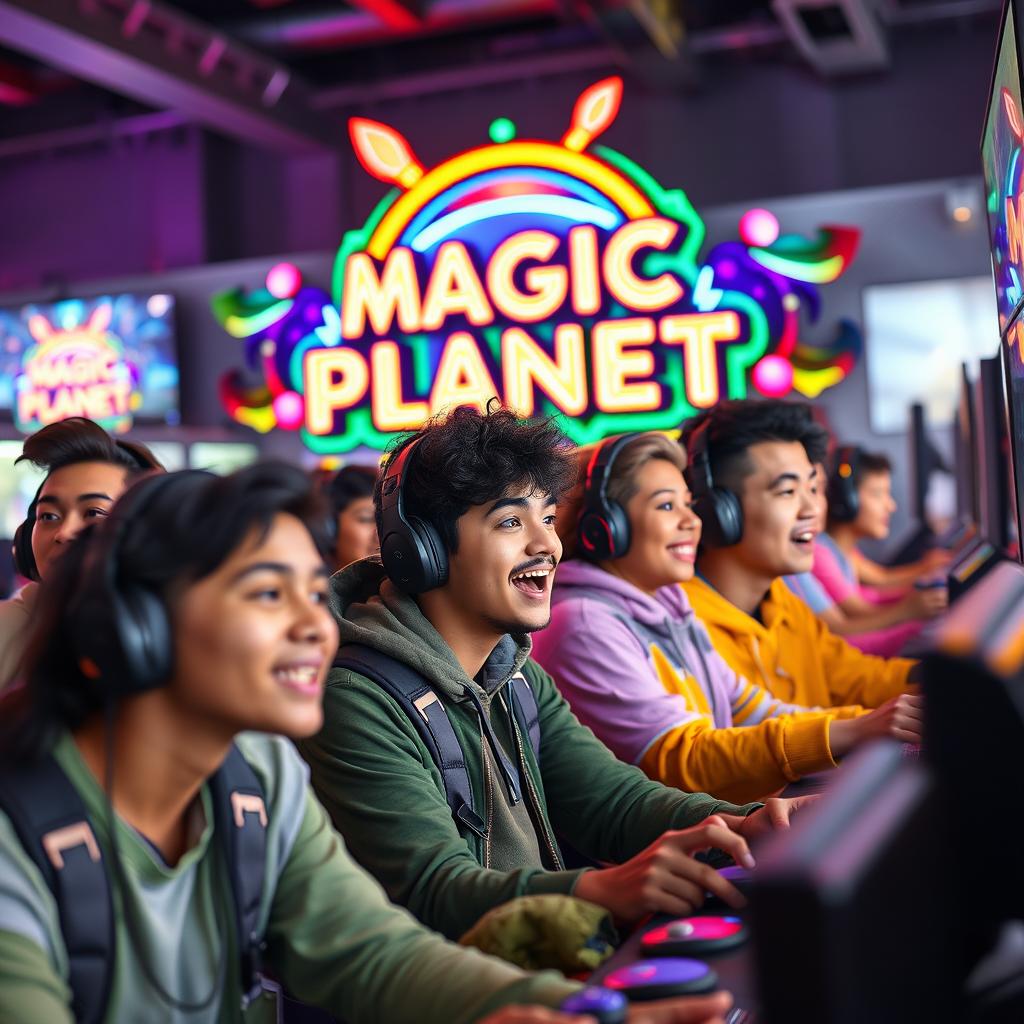 A rectangular image showing a diverse group of individuals intensely playing battle royale video games, with expressions of excitement and focus