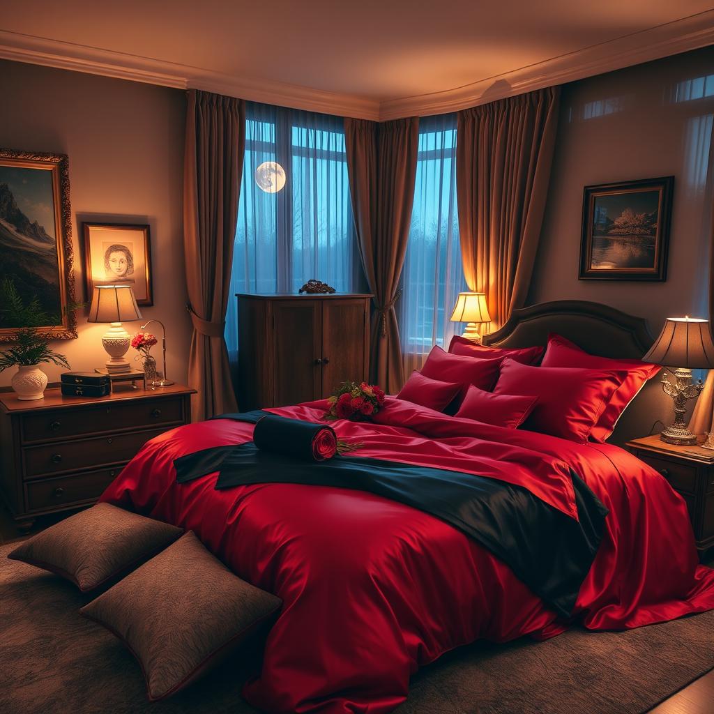A cozy and stylish bedroom setting designed for romance, featuring a luxurious king-size bed covered in silky red and black bedding, soft ambient lighting creating a warm atmosphere, and elegant décor such as framed art on the walls and plush cushions scattered around