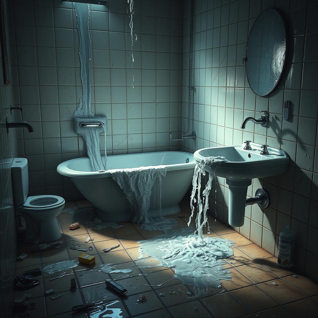 A hyper-realistic depiction of a damaged bathroom with water cascading from various fixtures