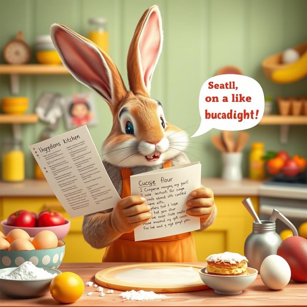 A confident rabbit holding a cake recipe while preparing ingredients in a bright and cheerful kitchen