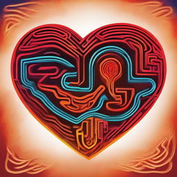 A metaphorical representation of heart and mind in harmony. The heart, pulsing with vibrant and warm hues, radiates love and compassion. The mind, embodied as a intricate maze or labyrinth, symbolizes intellect and reason.