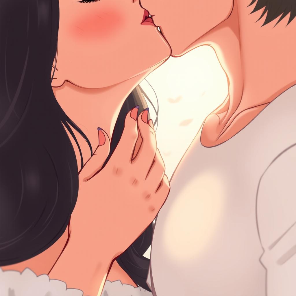 A close-up illustration of a romantic scene featuring a couple sharing an intimate moment