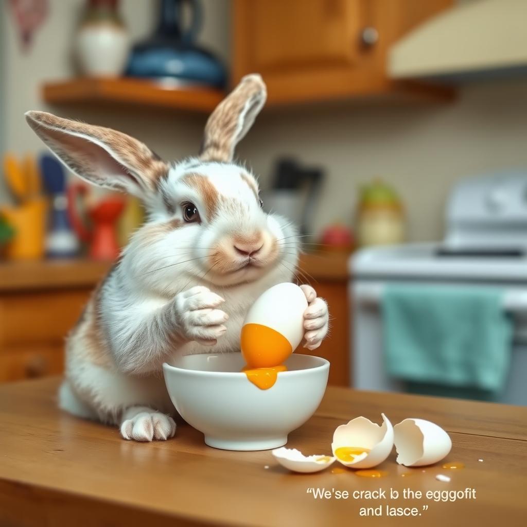 A determined rabbit carefully cracking an egg into a bowl, showcasing its concentration in a cozy kitchen setting