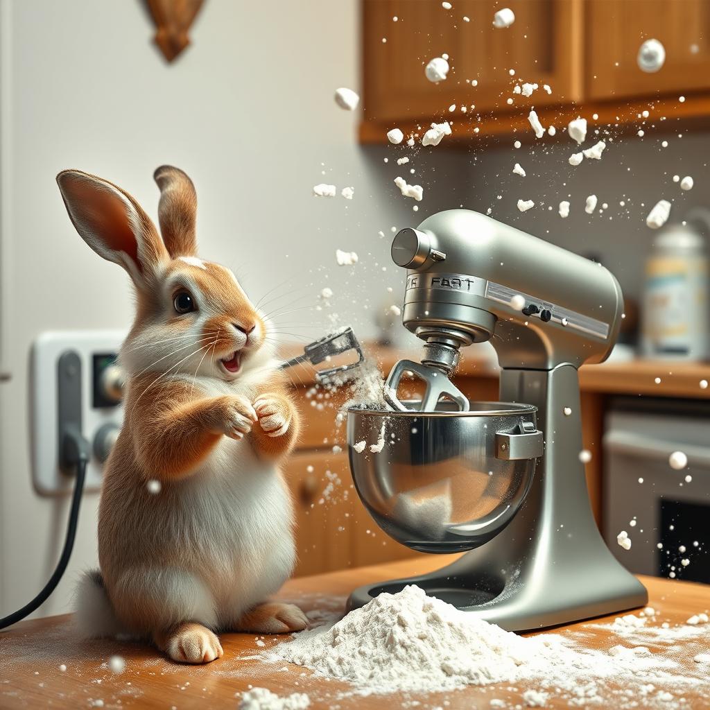 A humorous scene featuring a rabbit trying to use a stand mixer