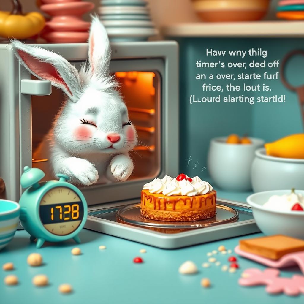 A cute rabbit placing a cake into an oven, with a charming timer set beside it