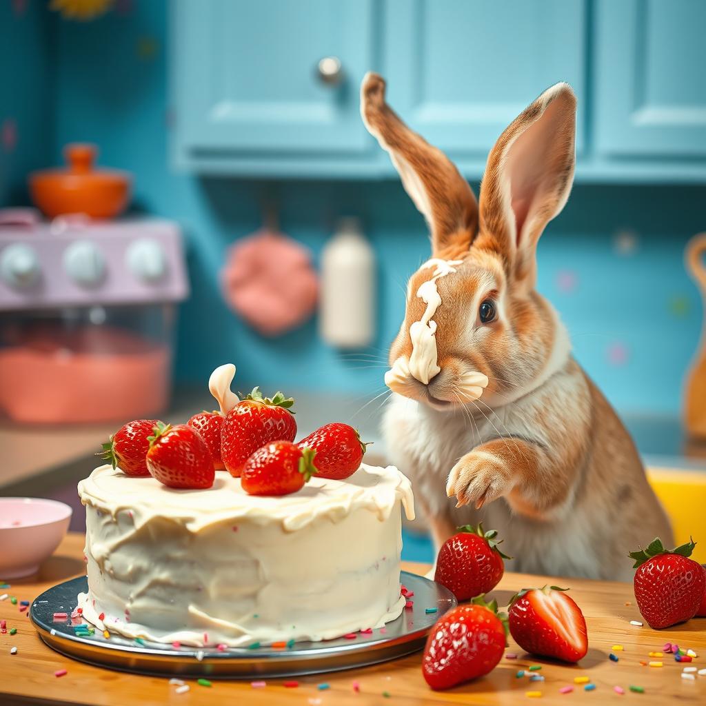 A delightful scene of a rabbit decorating a cake, using a piping bag to squeeze cream onto the surface
