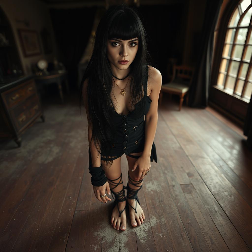 A goth girl with long, dark hair and an edgy, alternative outfit stands barefoot on a dusty wooden floor