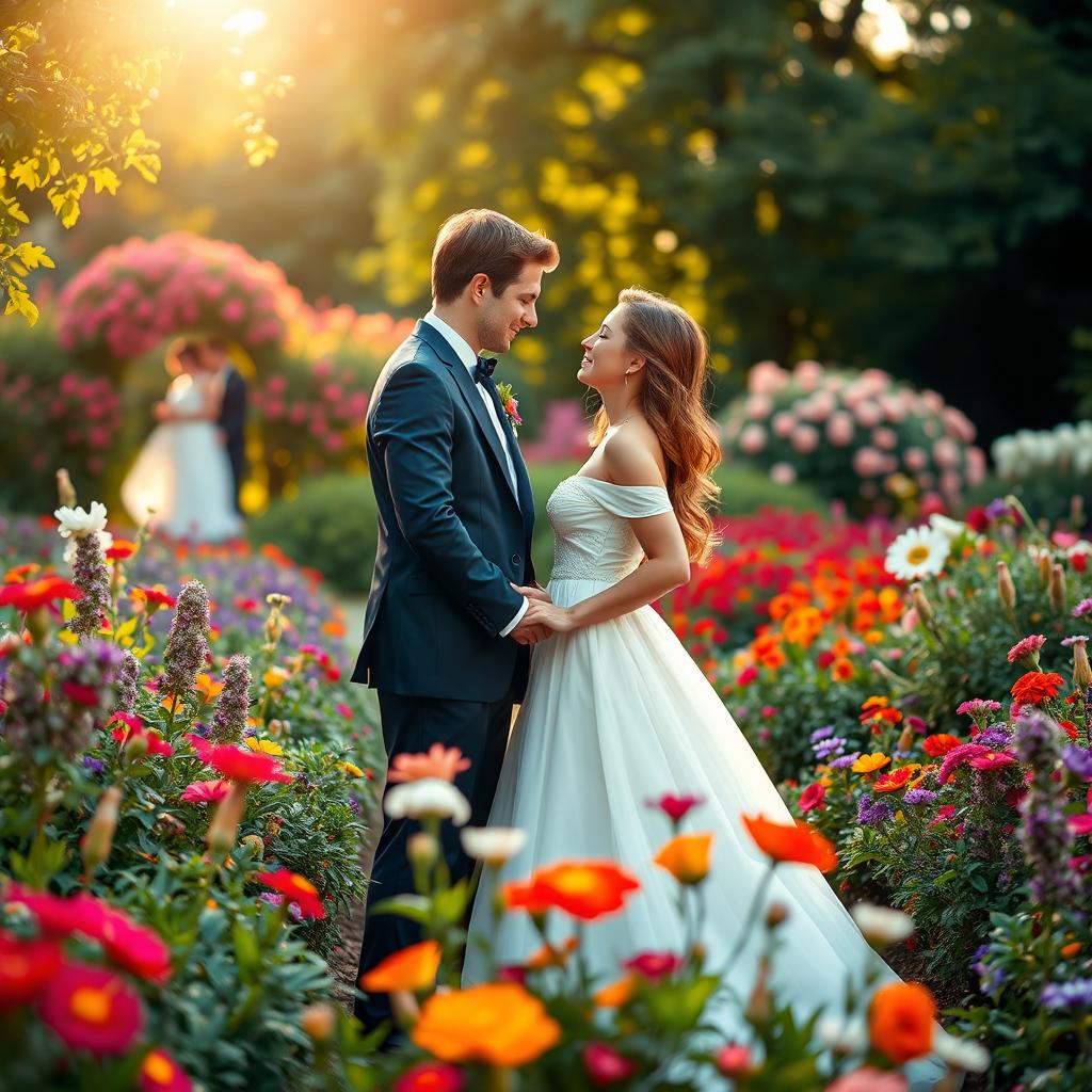A beautiful outdoor scene featuring a lush, vibrant garden filled with colorful flowers and greenery