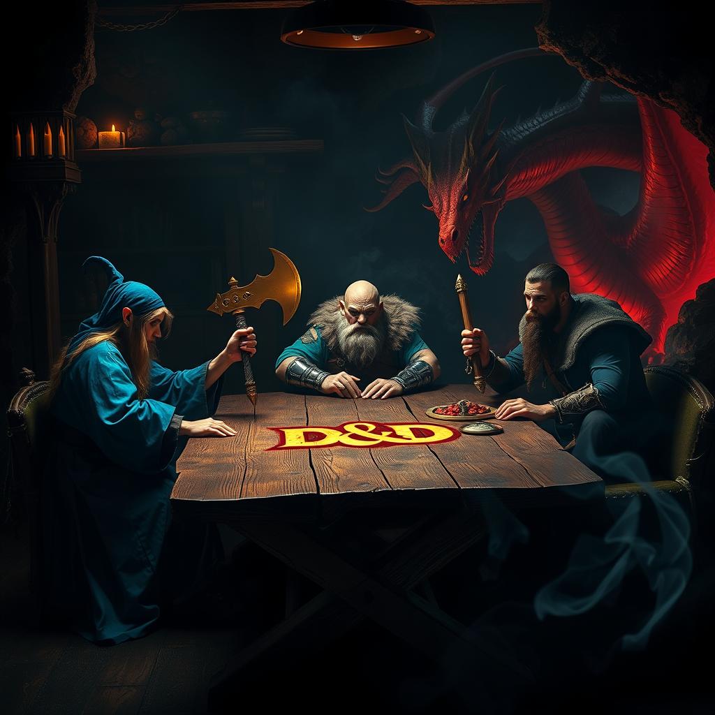 A captivating scene featuring a group of D&D adventurers consisting of an elf wizard dressed in a flowing blue robe, a stout dwarf warrior wielding a gleaming golden axe, and a thoughtful human cleric