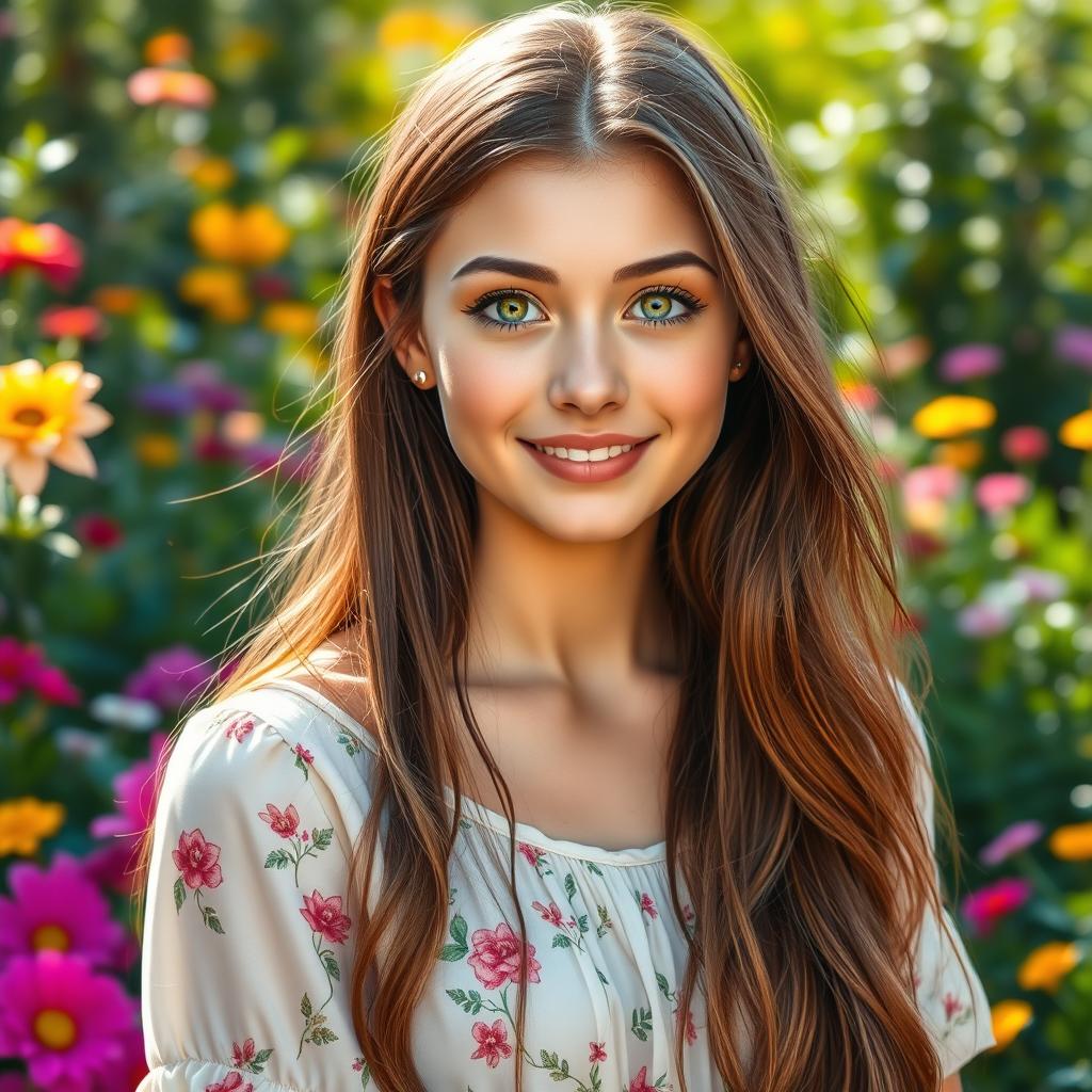 A hyper-realistic portrait of a young woman with long flowing hair, bright green eyes, and a gentle smile, captured in natural light