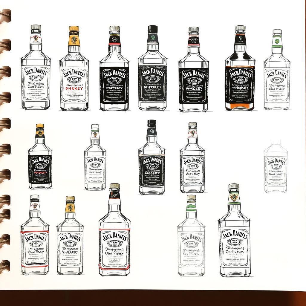 Ten sketches of redesigned Jack Daniel’s Sidney bottles, each featuring unique and creative elements while retaining the iconic silhouette