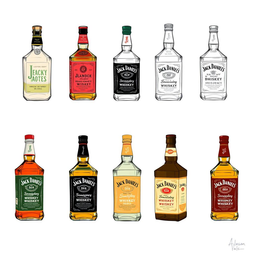 Ten creative sketches of redesigned Jack Daniel’s bottles, each featuring a distinct and innovative take on the classic shape