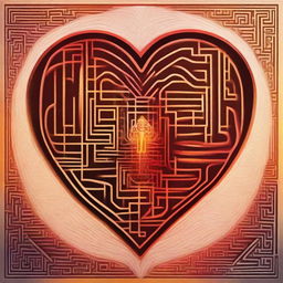 A metaphorical representation of heart and mind in harmony. The heart, pulsing with vibrant and warm hues, radiates love and compassion. The mind, embodied as a intricate maze or labyrinth, symbolizes intellect and reason.