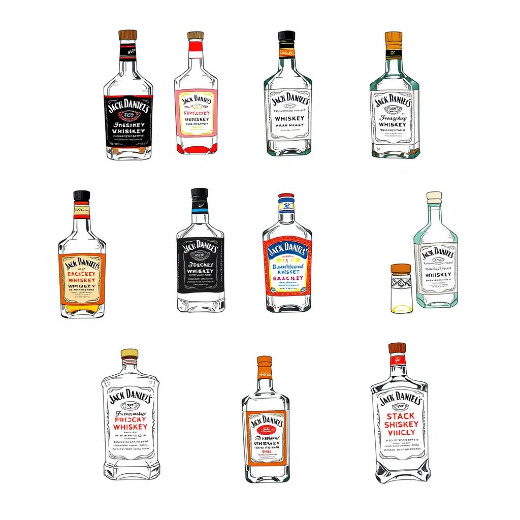 Ten sketches of creatively redesigned Jack Daniel’s bottles, each featuring an entirely different shape from the original