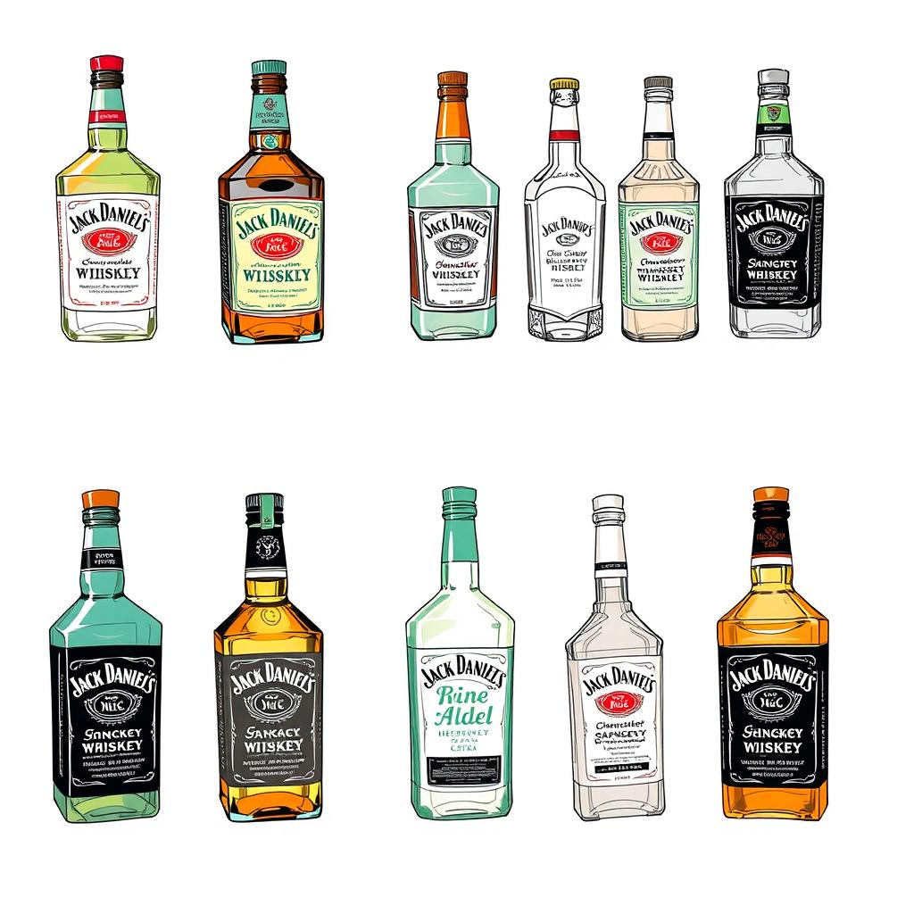 Ten creative sketches of redesigned Jack Daniel’s bottles, each featuring entirely different and innovative shapes from the original