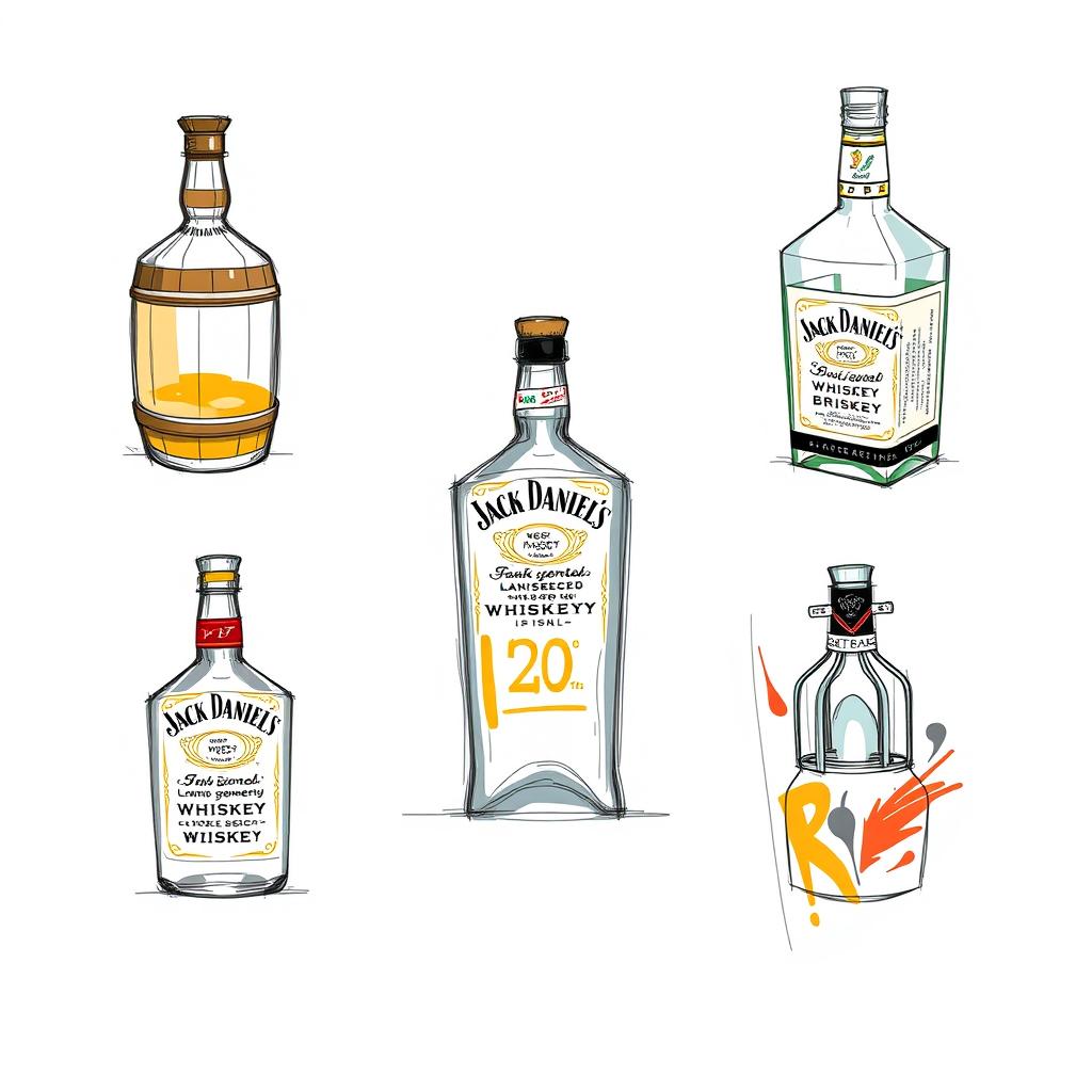 Five sketches of creatively designed Jack Daniel’s bottles, each featuring a completely new shape that diverges from the traditional bottle form