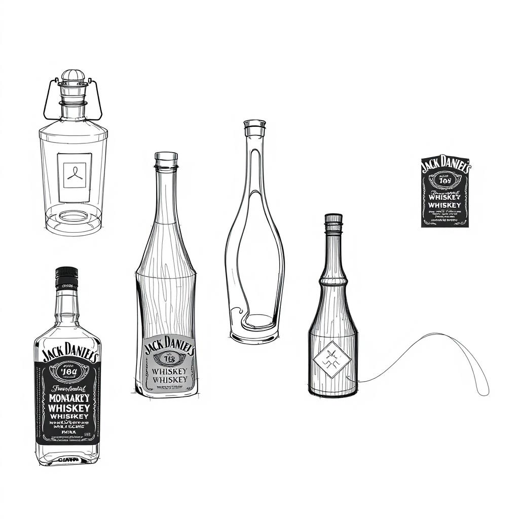 Five sketches of creatively designed Jack Daniel’s bottles, each showcasing a completely unique and innovative shape that deviates from the traditional bottle design
