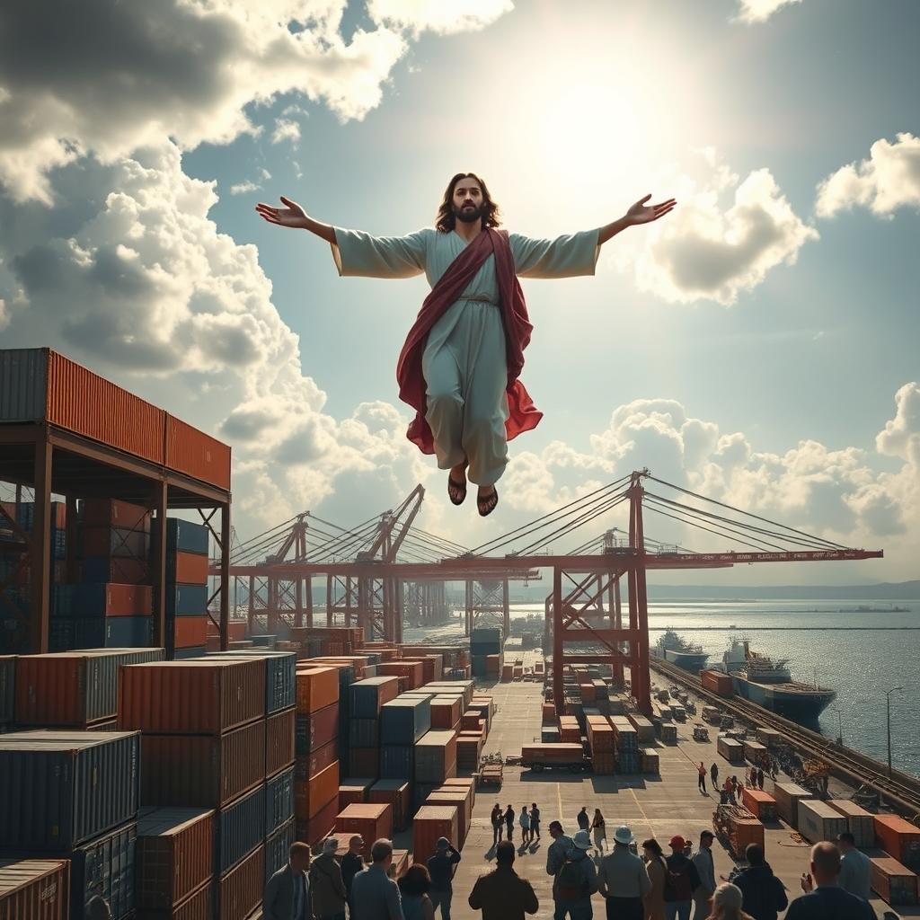 A striking scene of Jesus descending from a bright sky above a newly constructed port yard