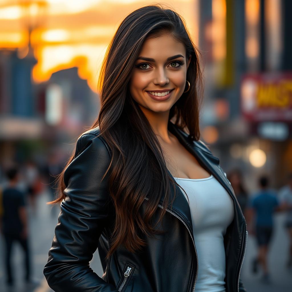 A beautifully detailed portrait of a confident woman standing on the left side of the image