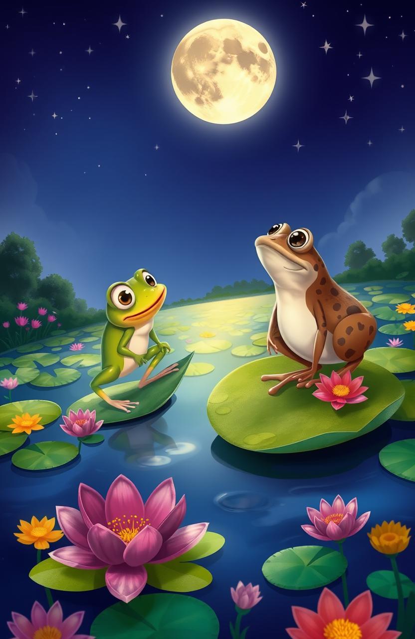 An enchanting story scene depicting Ribu and Croaky, two whimsical frogs, in a vibrant and lush pond filled with lily pads and colorful flowers