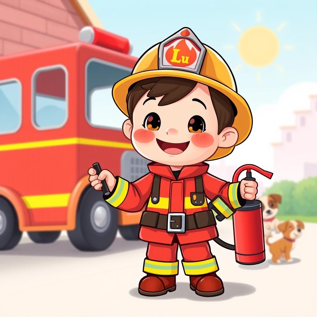 A charming and cheerful illustration of a small firefighter named Lu, wearing a bright red firefighter uniform and a cute yellow helmet, standing confidently with a fire extinguisher in one hand