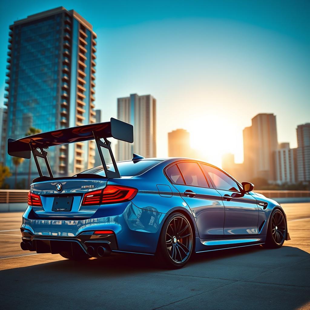 A stunning BMW M5 CS sports car featuring a striking long wing, capturing the essence of high performance and sleek design