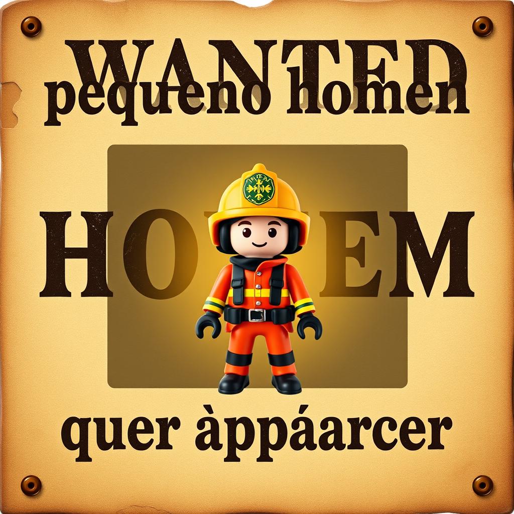 A creatively designed wanted poster featuring the text "pequeno homem quer aparecer" prominently displayed