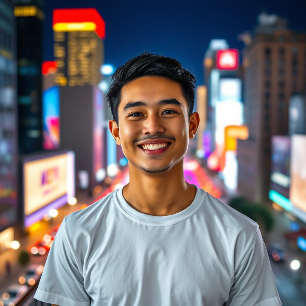 A person wearing a white t-shirt, confidently posing in front with a vibrant city background