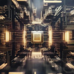 A complex quantum computer filled with advanced technologies like microchips and high-tech circuitry, glowing with a futuristic emanation.