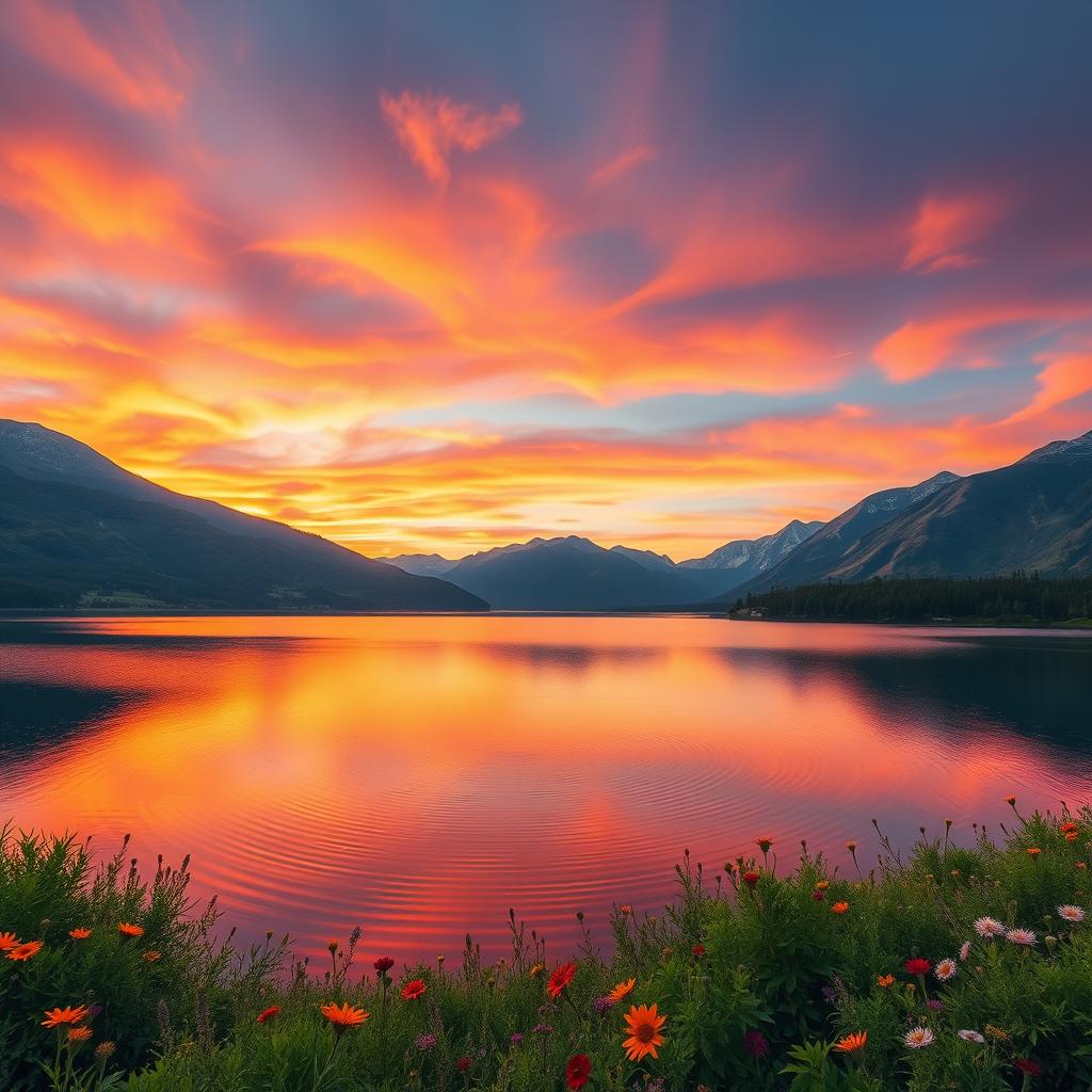 A breathtaking landscape depicting a serene, tranquil lake surrounded by majestic mountains under a vibrant sunset sky