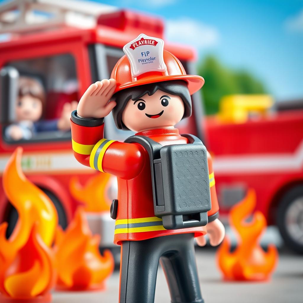 A playful and humorous scene featuring a Playmobil firefighter character in full uniform, proudly saluting with a comical twist by showcasing his rear