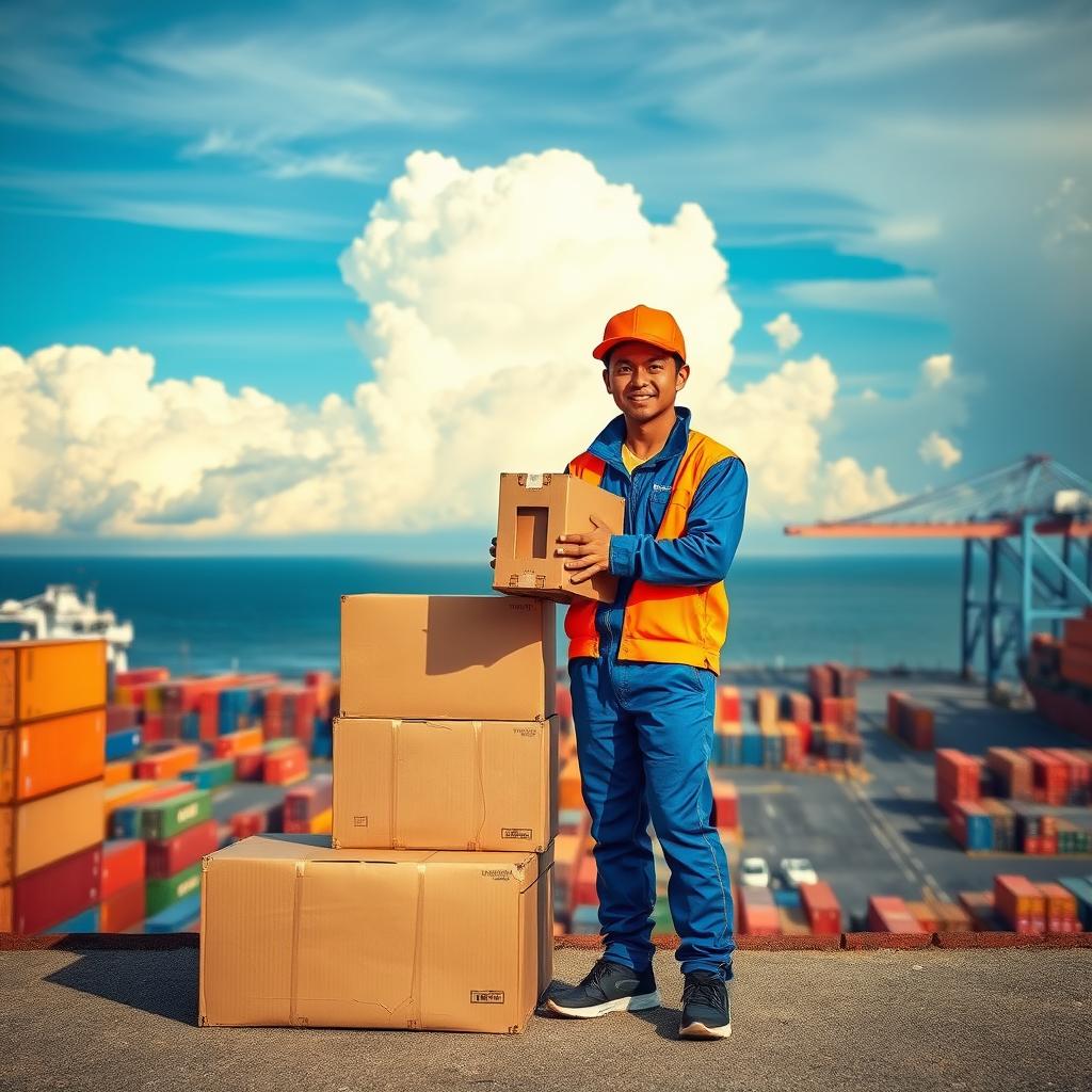 A delivery boy dressed in a vibrant blue and orange uniform, standing confidently next to a stack of cargo boxes