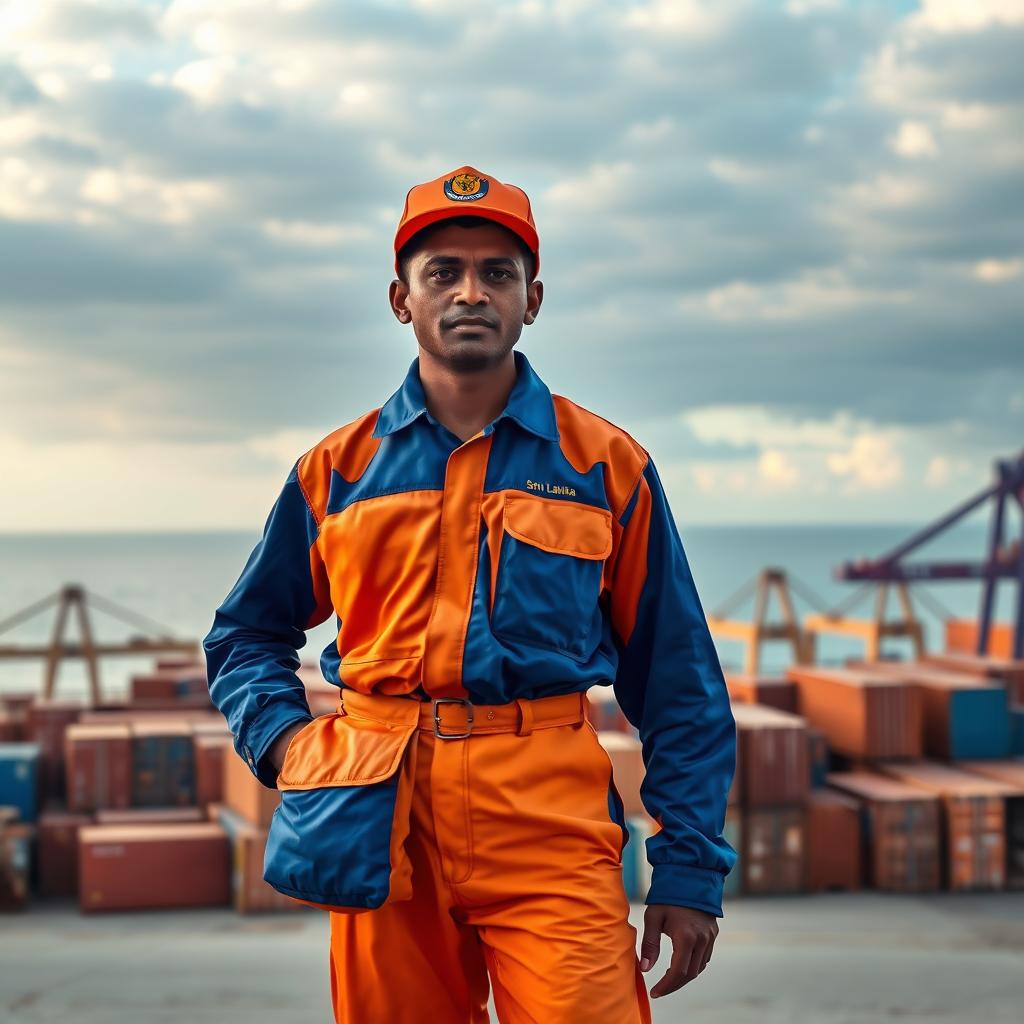 A Sri Lankan delivery boy dressed in a vibrant blue and orange uniform, standing next to several cargo boxes