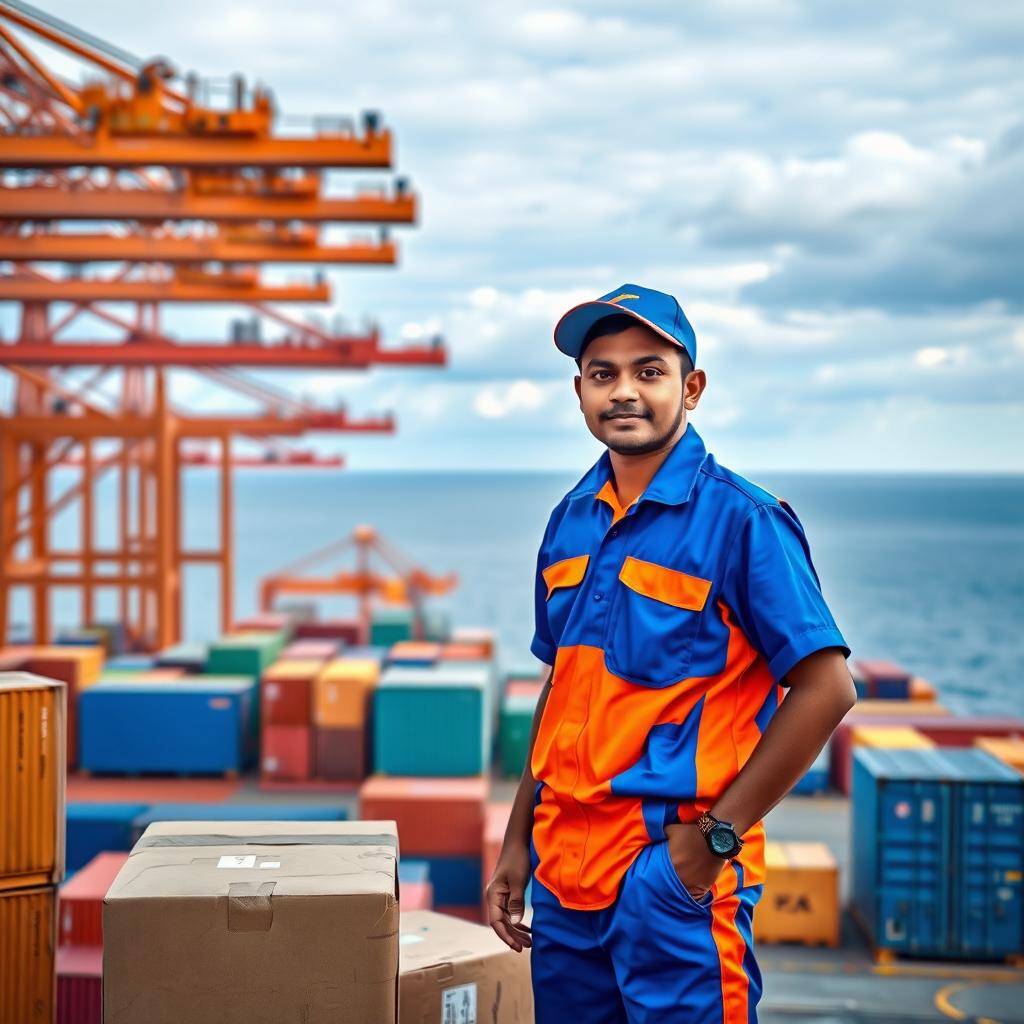 An Indian delivery boy dressed in a striking blue and orange uniform, standing next to several cargo boxes with a look of anticipation