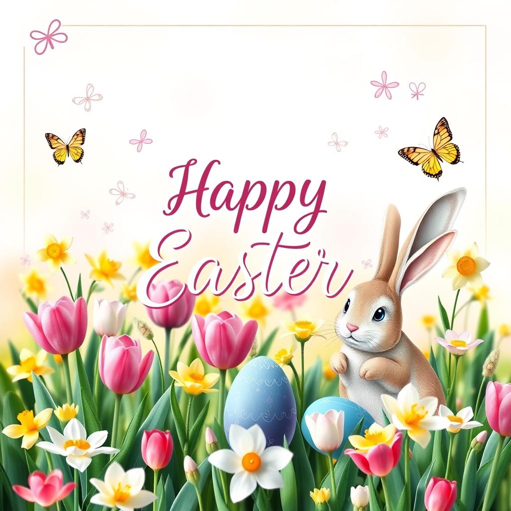 A beautifully designed Easter greeting card featuring vibrant spring flowers, colorful Easter eggs, and a cheerful bunny