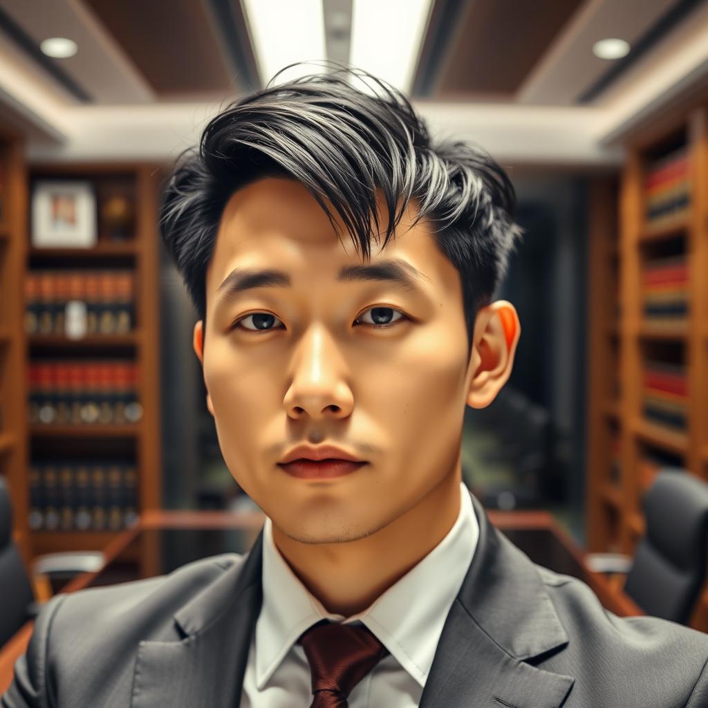 A sharp-looking Korean lawyer with neatly styled black hair in the distinctive manhwa style, exuding confidence and intelligence