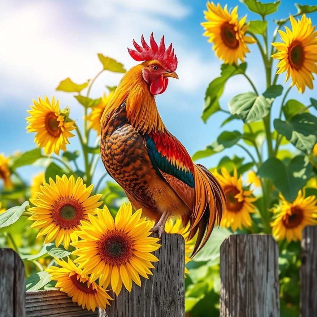 A vibrant scene featuring a colorful rooster perched on a wooden fence, surrounded by blooming sunflowers