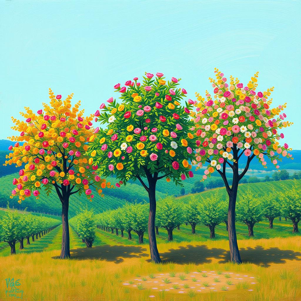 A beautiful recreation of Van Gogh's 'View of Arles, Flowering Orchards', featuring three vibrant trees in the foreground, each blossoming with colorful flowers